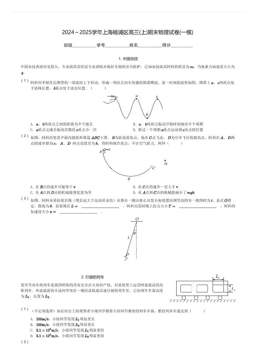 2024~2025学年上海杨浦区高三(上)期末物理试卷(一模)(含解析)第1页