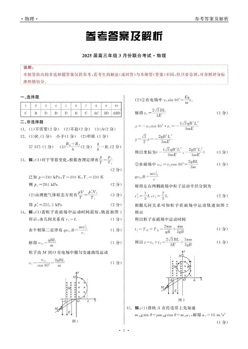 辽宁点石联考2025届高三3月联考物理答案第1页