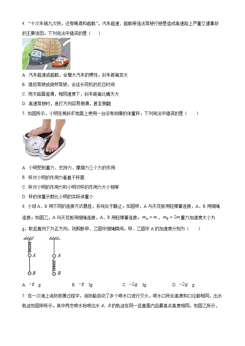 浙江省杭州第十四中学2024-2025学年高一上学期期末阶段性测试物理试卷(原卷版+解析版)第2页