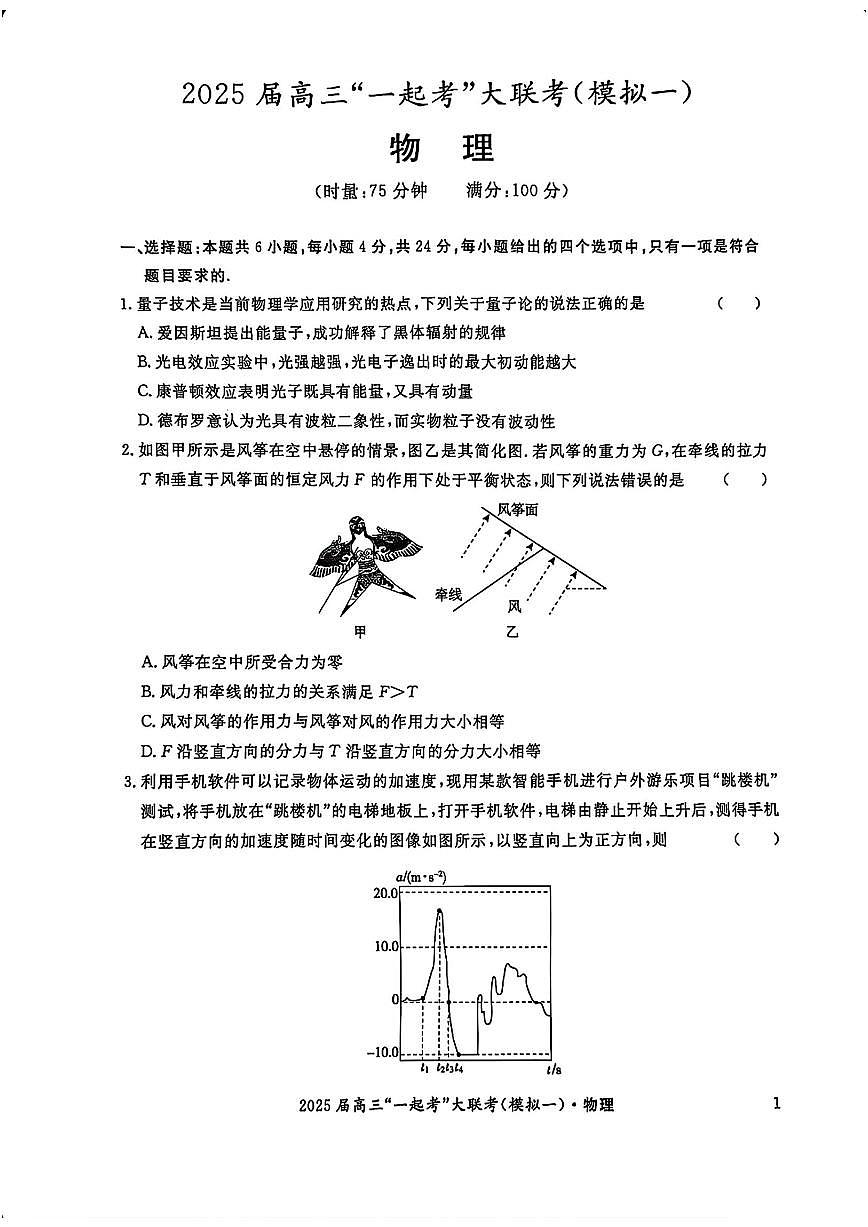 2025屆湖南省高三下學(xué)期“一起考”大聯(lián)考（高考一模）物理試題(含答案)第1頁