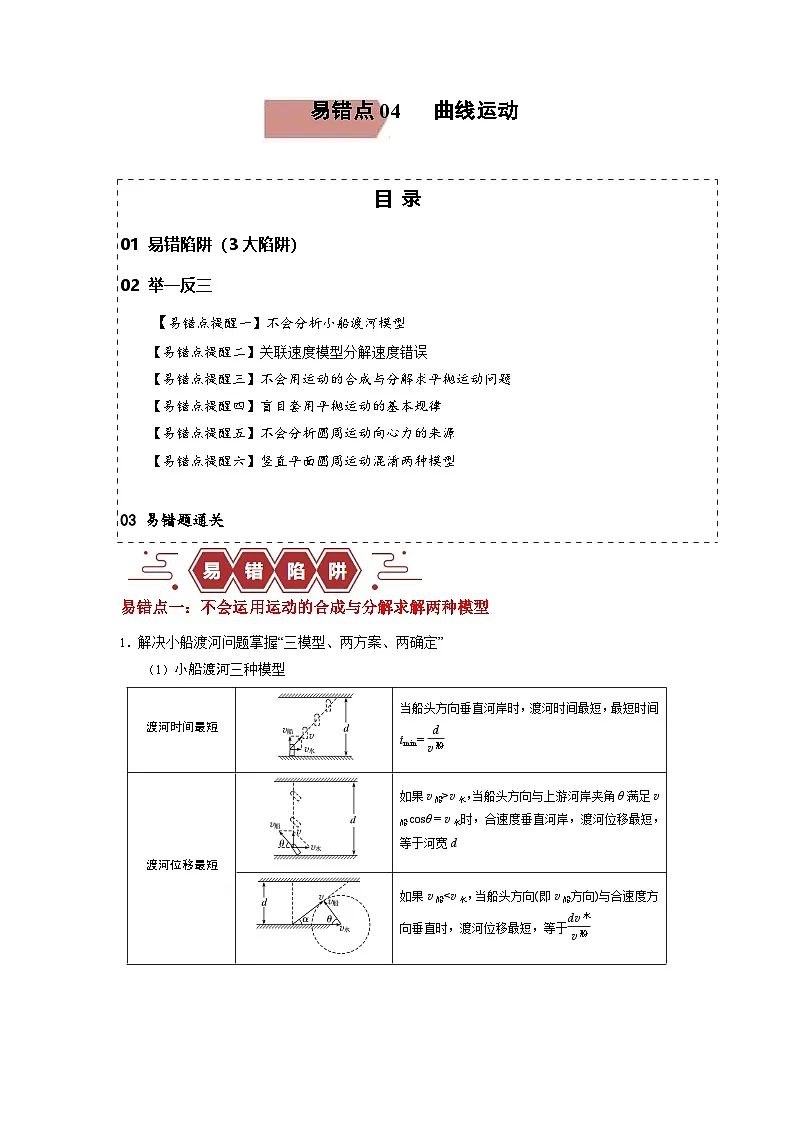 新高考物理二轮复习易错题训练专题04 曲线运动-(3大陷阱(原卷版)第1页