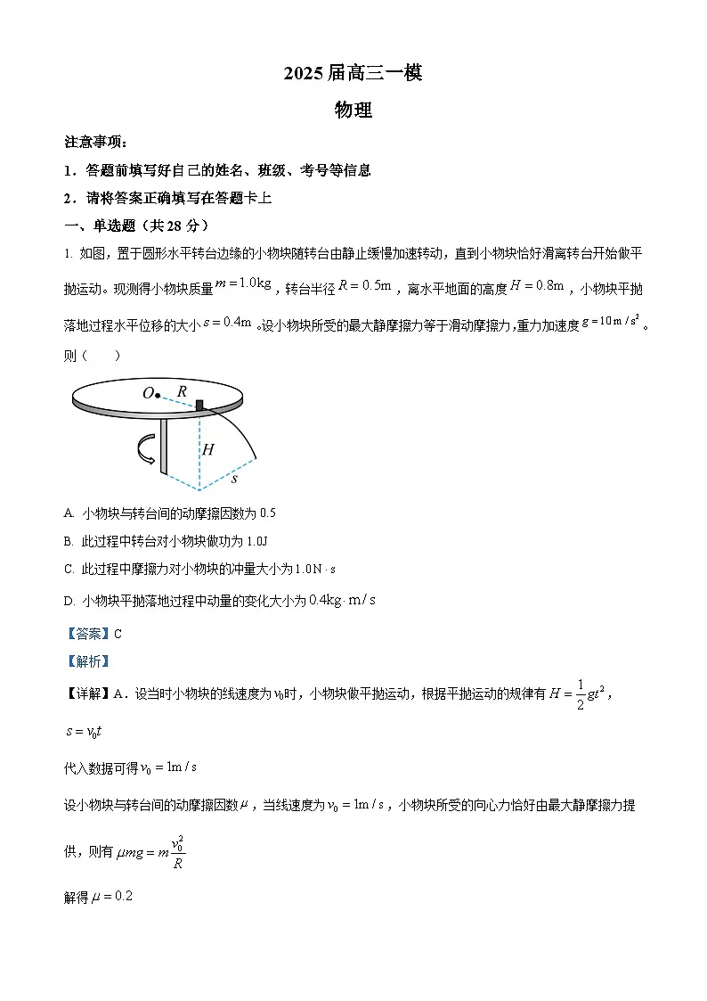 2025届湖南省常德市桃源县第一中学高三下学期一模物理试题(解析版)第1页