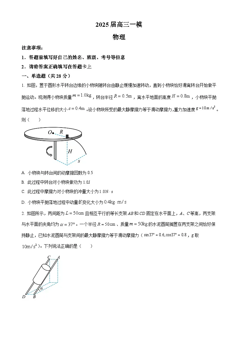 2025届湖南省常德市桃源县第一中学高三下学期一模物理试题(原卷版)第1页