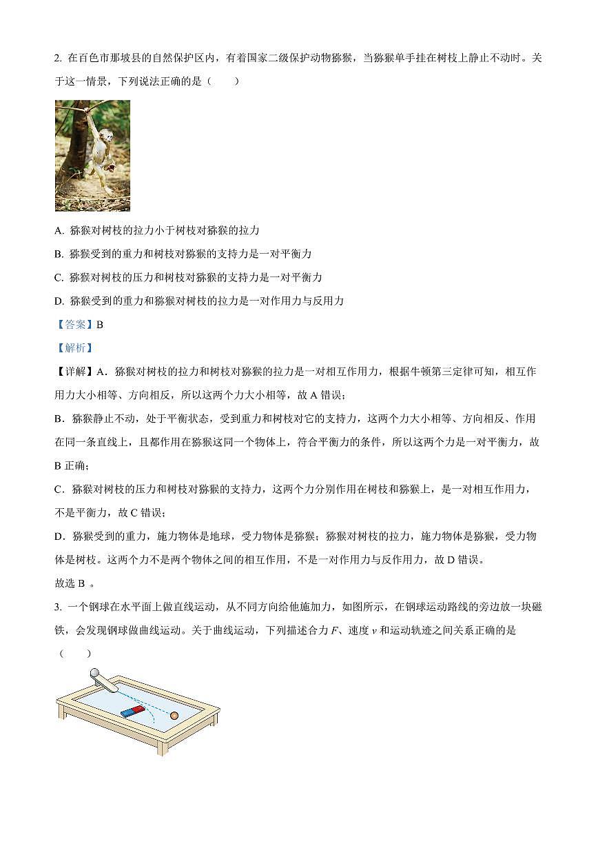 广西百色市普通高中2024-2025学年高一上学期期末教学质量调研物理试题 Word版含解析第2页