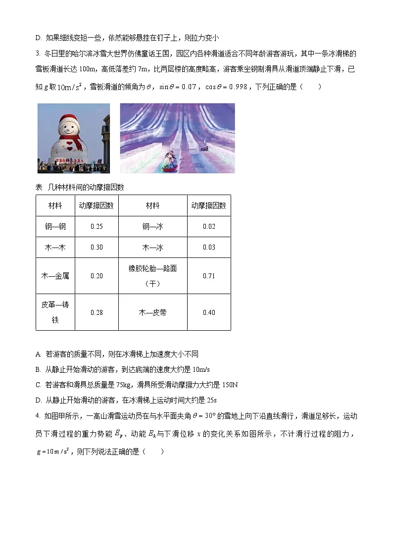 河北省保定市2024-2025学年高一上学期1月期末考试物理试题 Word版无答案第2页