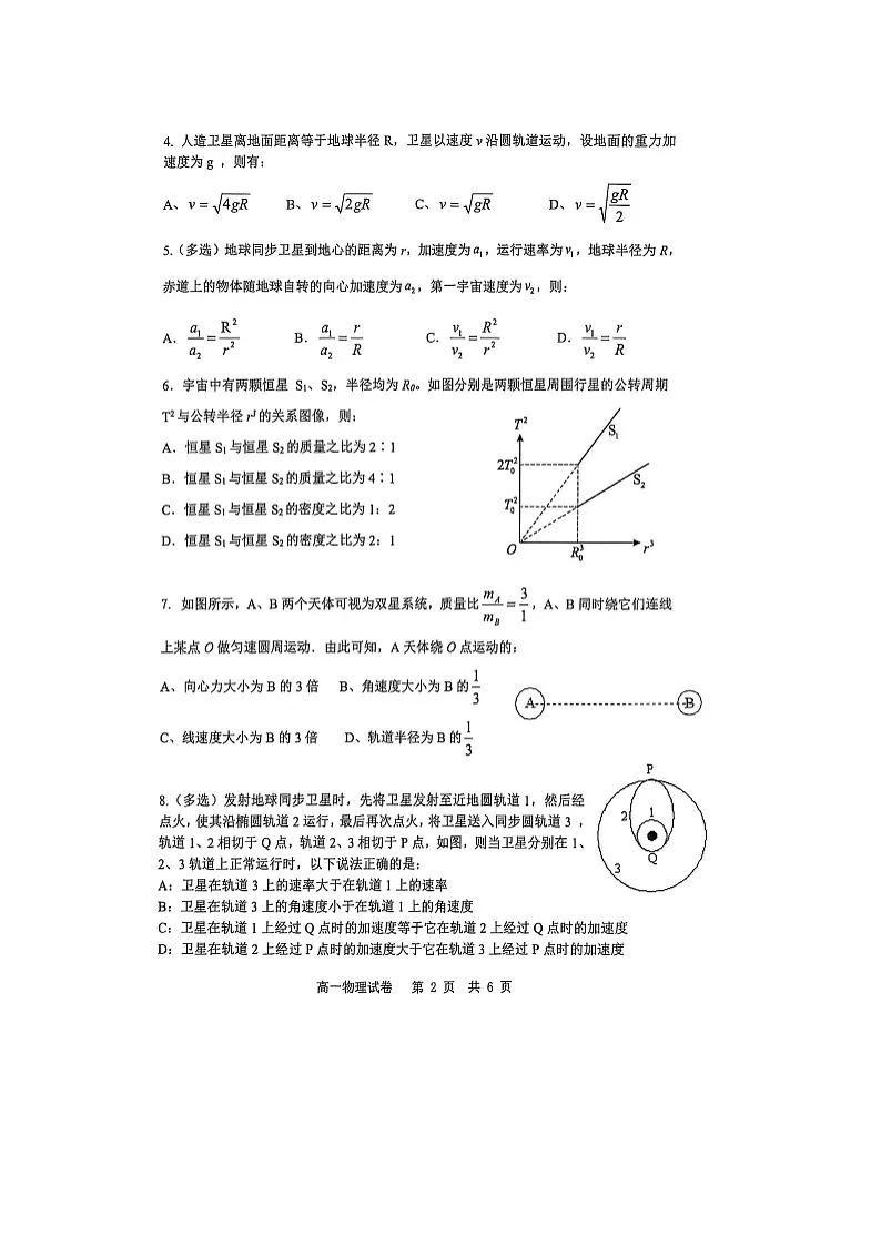辽宁省普通高中2024-2025学年高一下学期4月联考物理试题(图片版)(无答案)第2页