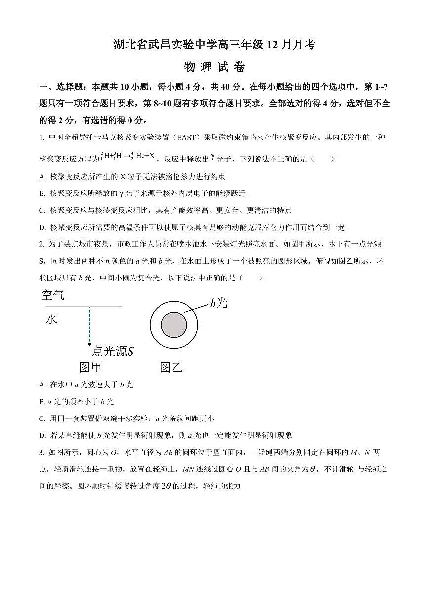 2024届湖北省武昌实验中学高三上学期12月月考-物理试题(含答案)第1页