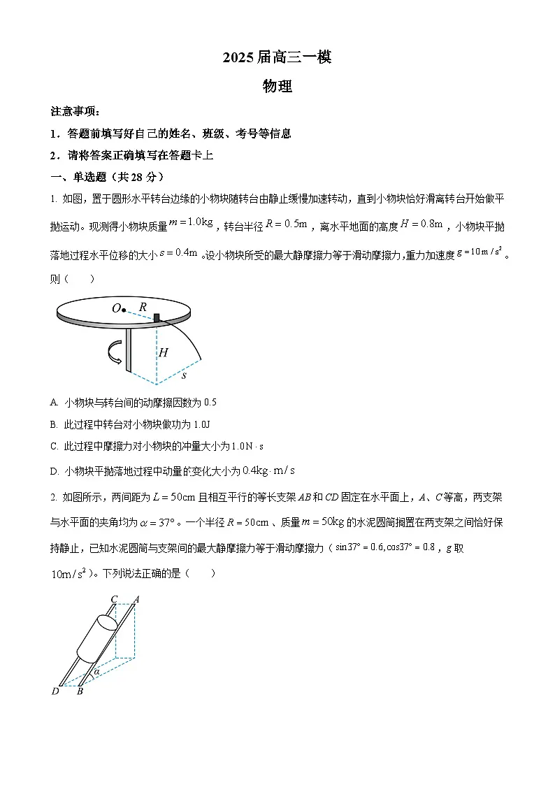2025届湖南省常德市桃源县第一中学高三下学期一模物理试题(原卷版+解析版)第1页