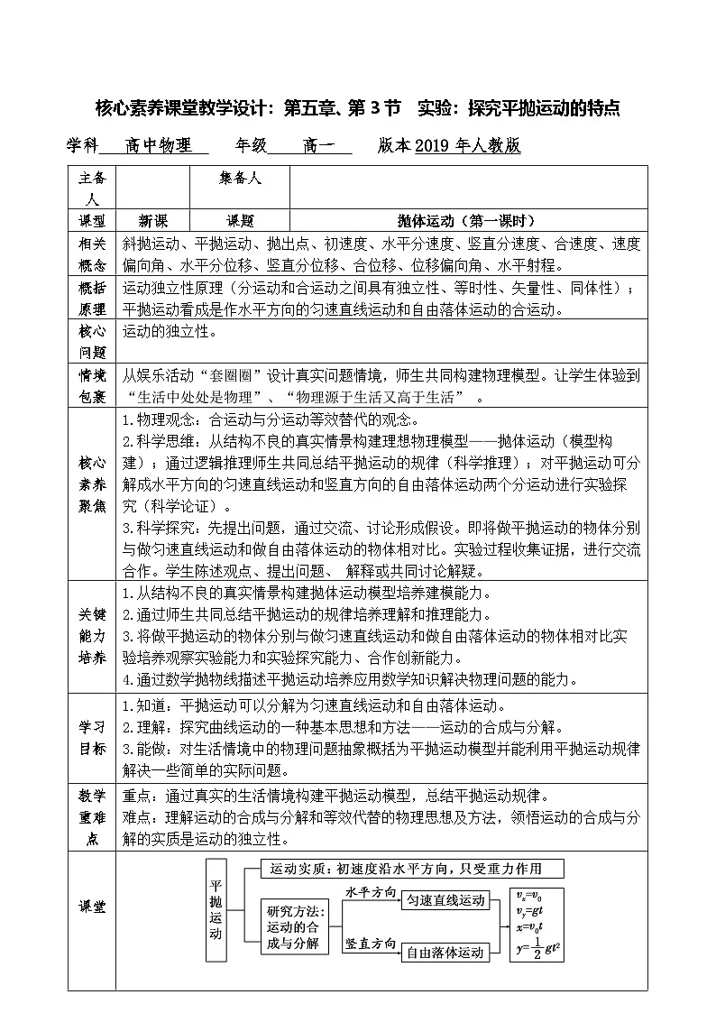 人教版高中物理必修二 5-3《探究平抛运动的特点》教学设计第1页
