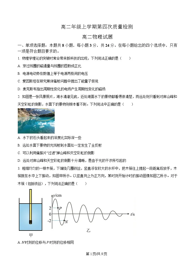 山东省聊城第三中学2024-2025学年高二上学期第四次月考物理试题(原卷版)第1页