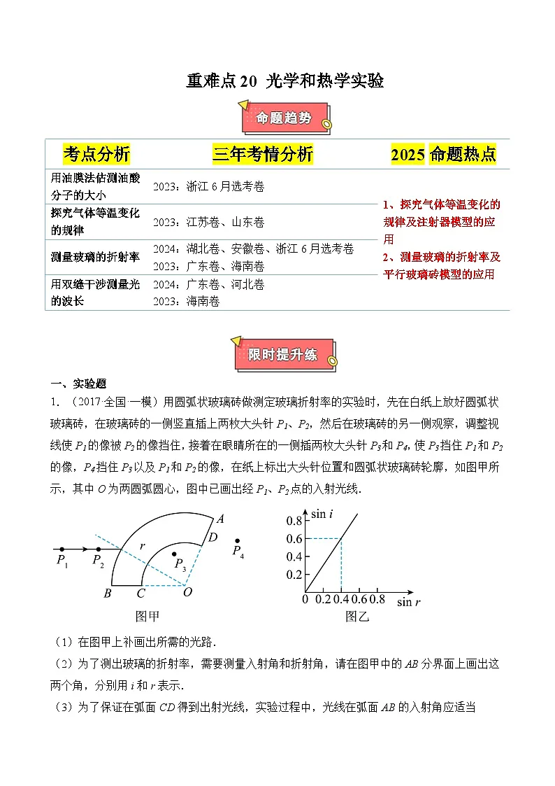 重难点20 光学和热学实验(原卷版)2025第1页