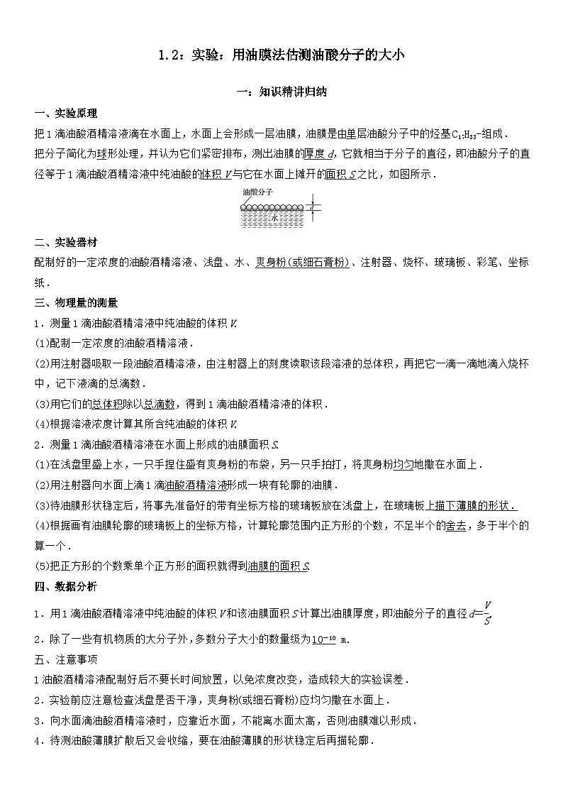 1.2 实验:用油膜法估测油酸分子的大小-高二物理精讲与精练高分突破考点专题系列(人教版2019选择性必修第三册)第1页