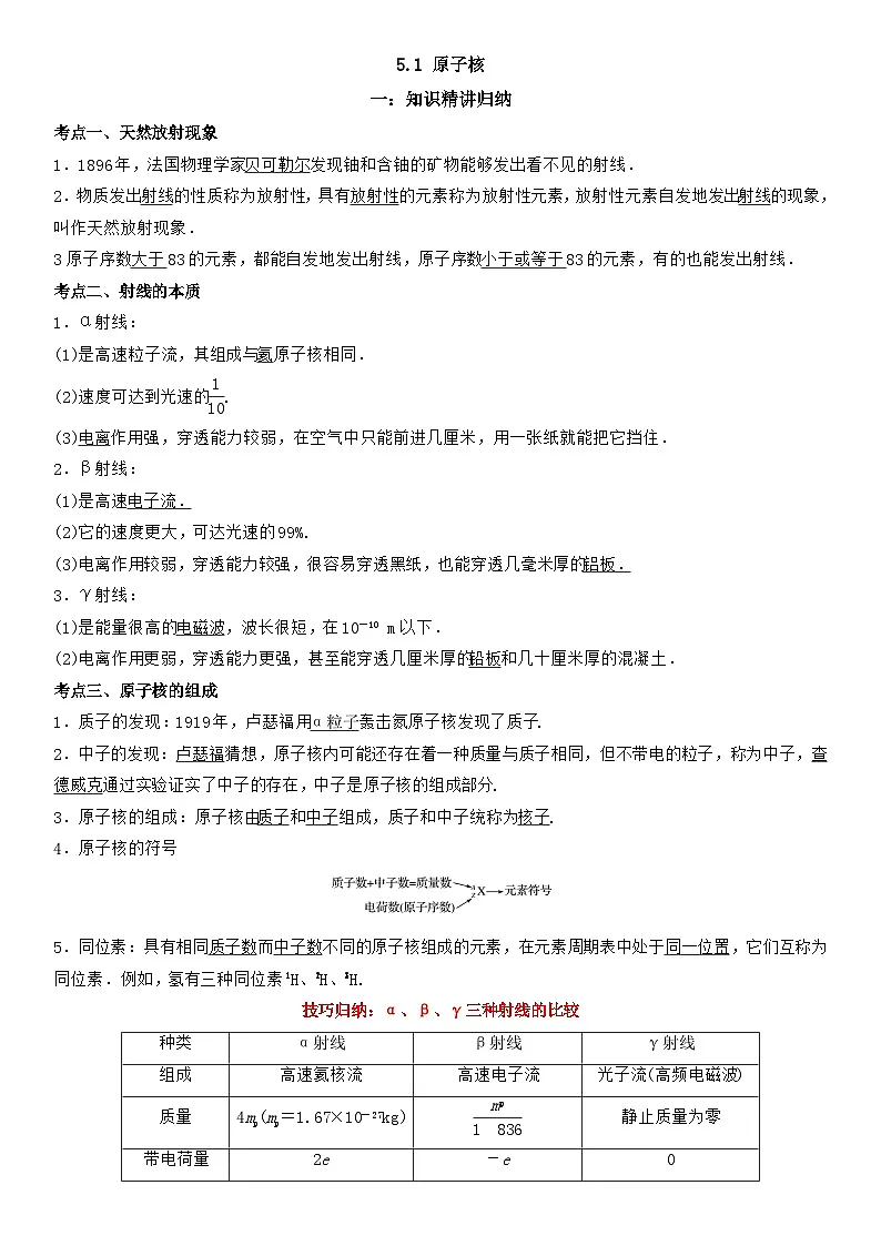 5.1 原子核的组成-高二物理精讲与精练高分突破考点专题系列(选择性必修第三册)第1页
