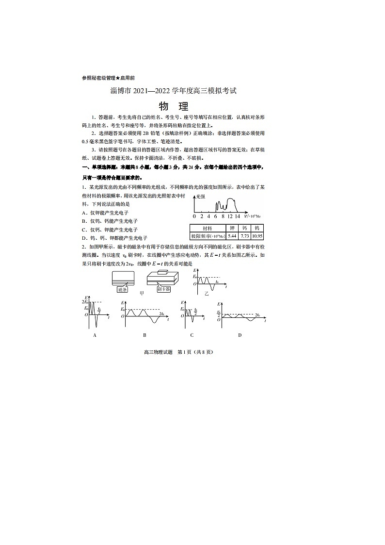 山东省淄博市2021-2022学年高三模拟考试(一模)物理试题 附答案第1页