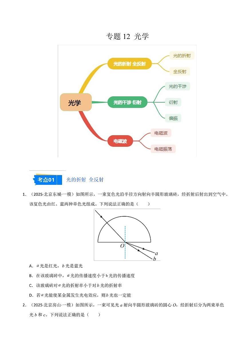 2025年高考物理一模試題分類匯編（新高考通用）專題12 光學（新高考通用）（原卷版）第1頁