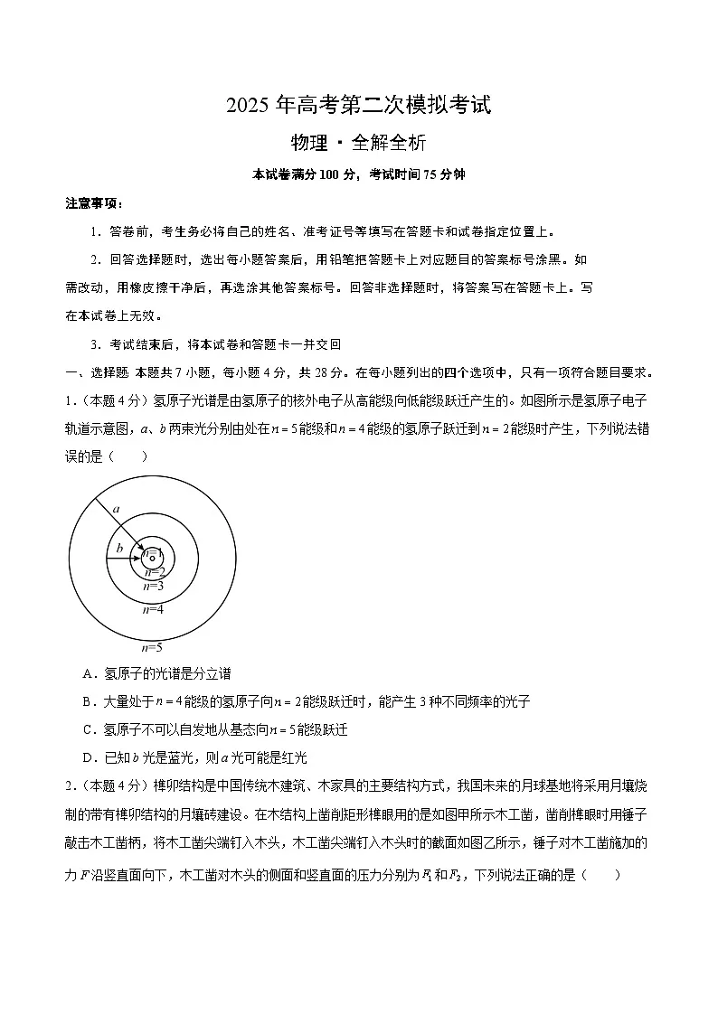 2025年高考第二次模拟考试卷:物理(广东卷01)(考试版)第1页