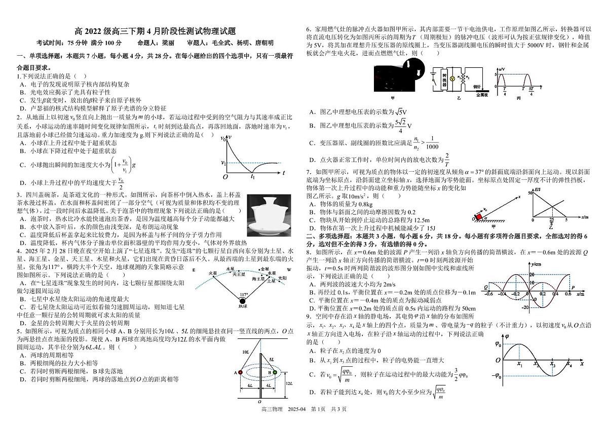 四川省成都市树德中学2024-2025学年高三下学期4月月考试题 物理 PDF版含解析第1页
