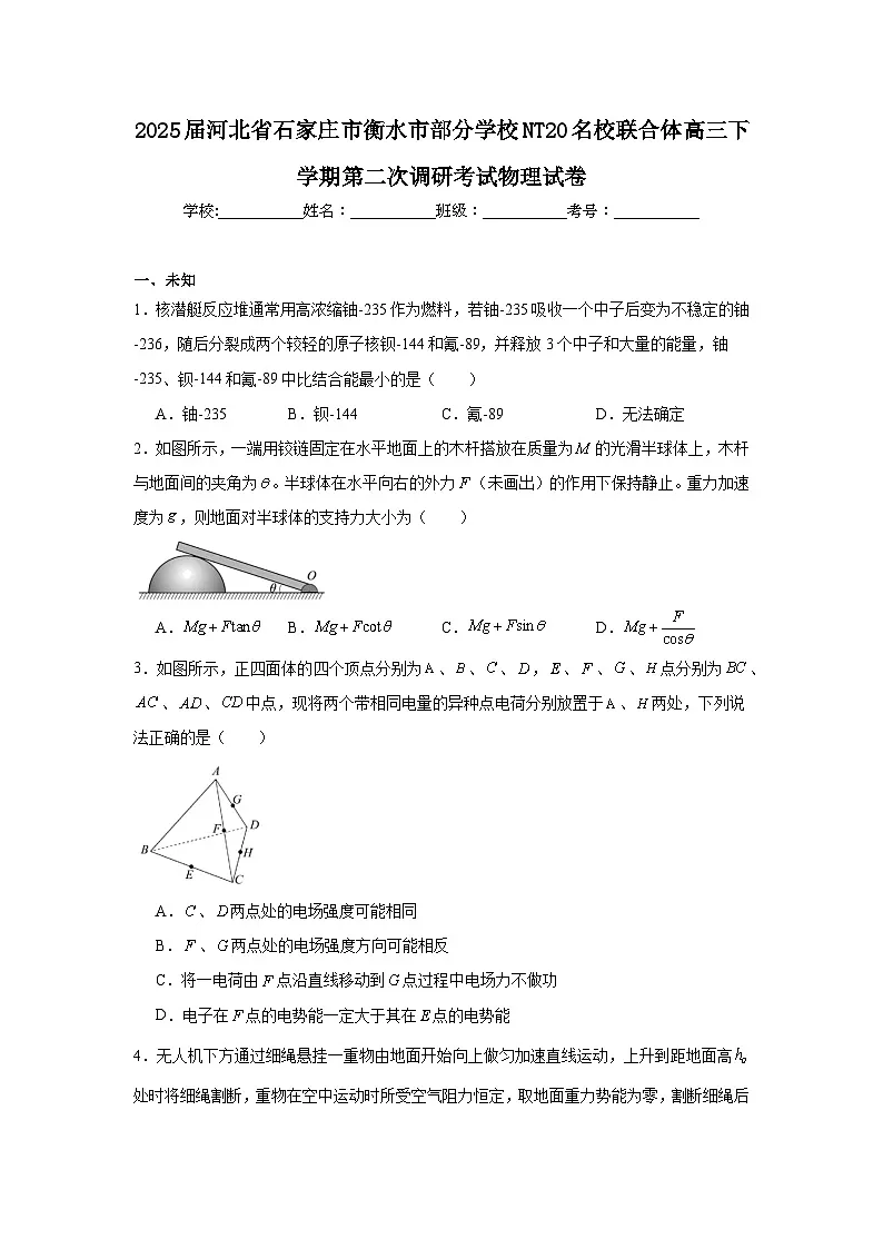 2025届河北省石家庄市衡水市部分学校NT20名校联合体高三下学期第二次调研考试物理试卷(无答案)第1页