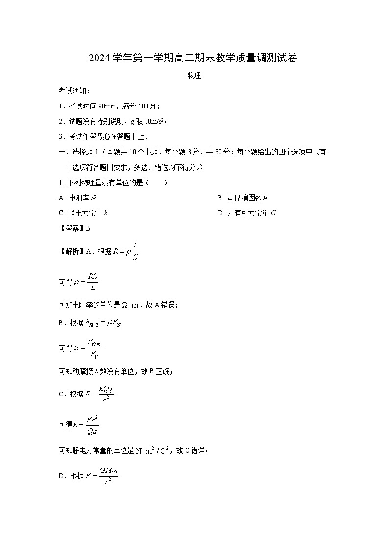 浙江省绍兴市上虞区2024-2025学年高二上学期期末考试物理试卷(解析版)第1页