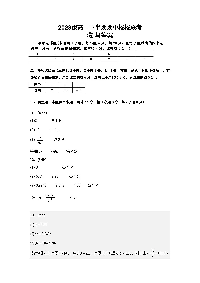 仁寿县2023级高二下半期期中校校联考物理参考答案第1页
