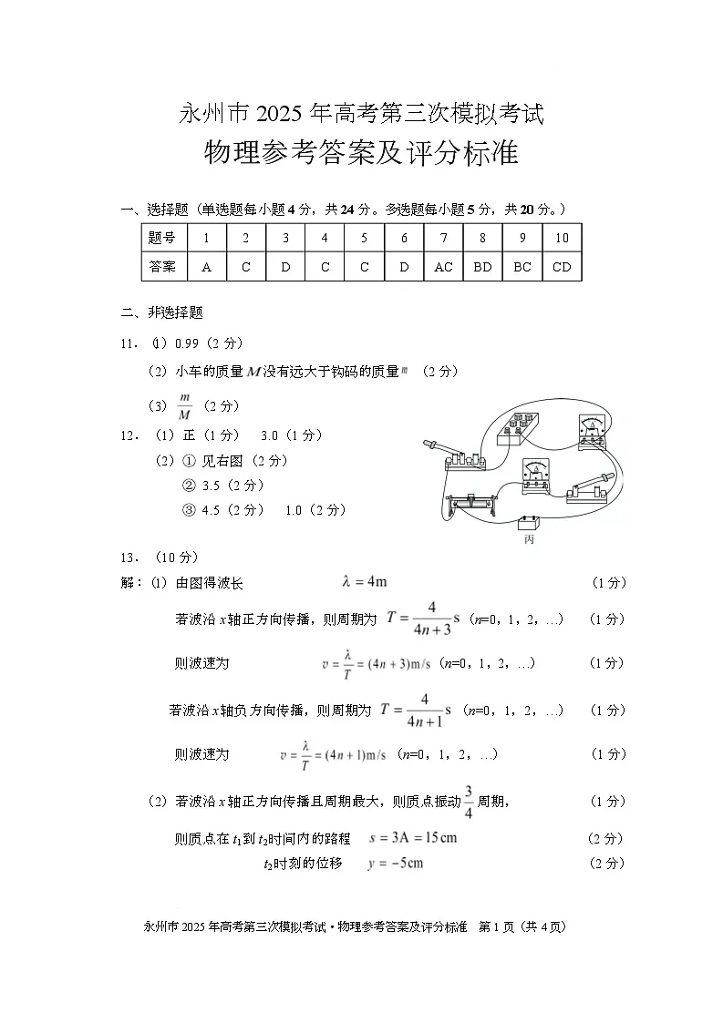 2025届湖南省永州市三模物理参考答案第1页