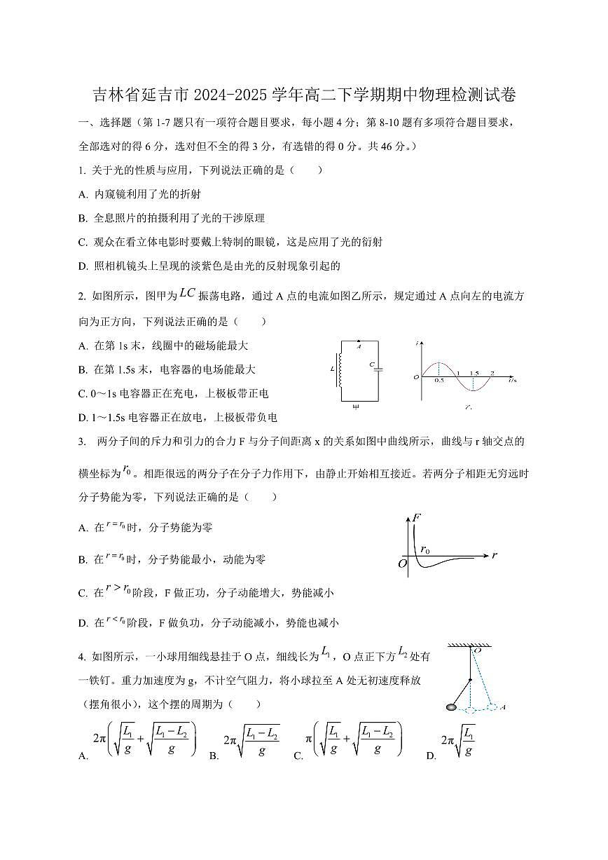 吉林省延吉市2024-2025学年高二下学期期中物理检测试卷(含答案)第1页