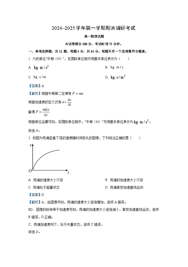 江苏省连云港市2024-2025学年高一上学期期末调研考试物理试卷(解析版)第1页