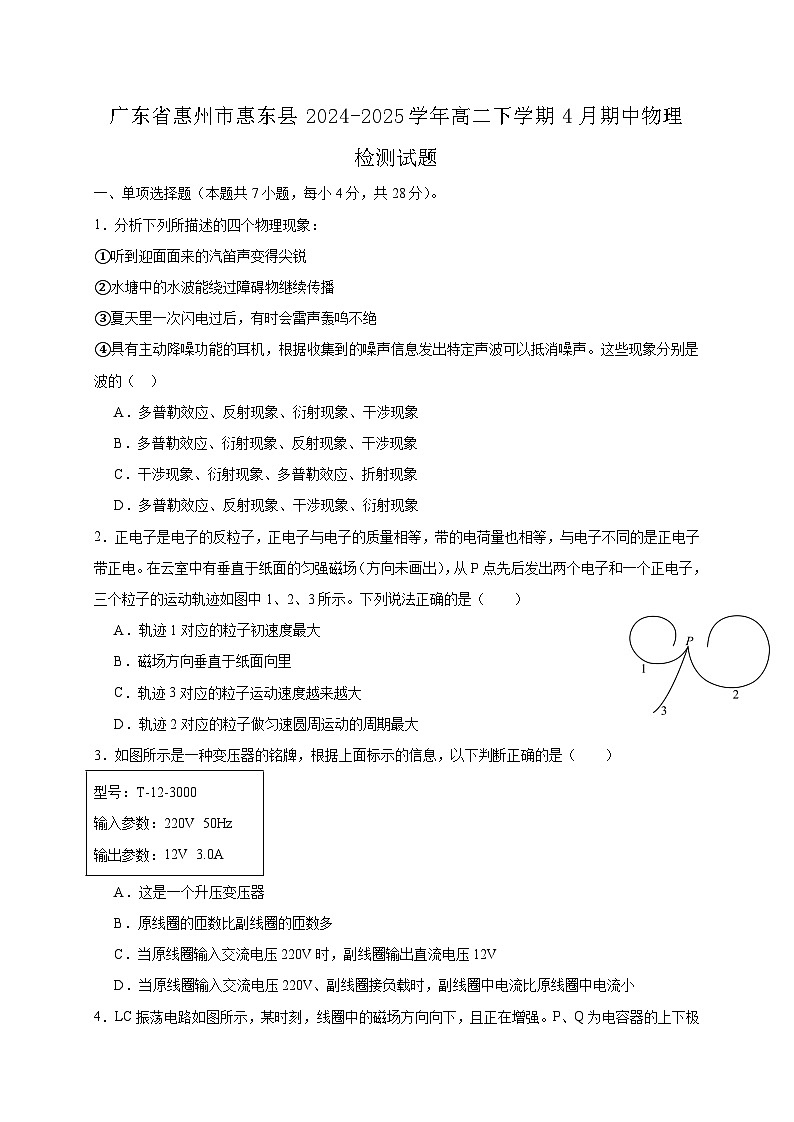 广东省惠州市惠东县2024-2025学年高二下学期4月期中物理检测试题(含答案)第1页