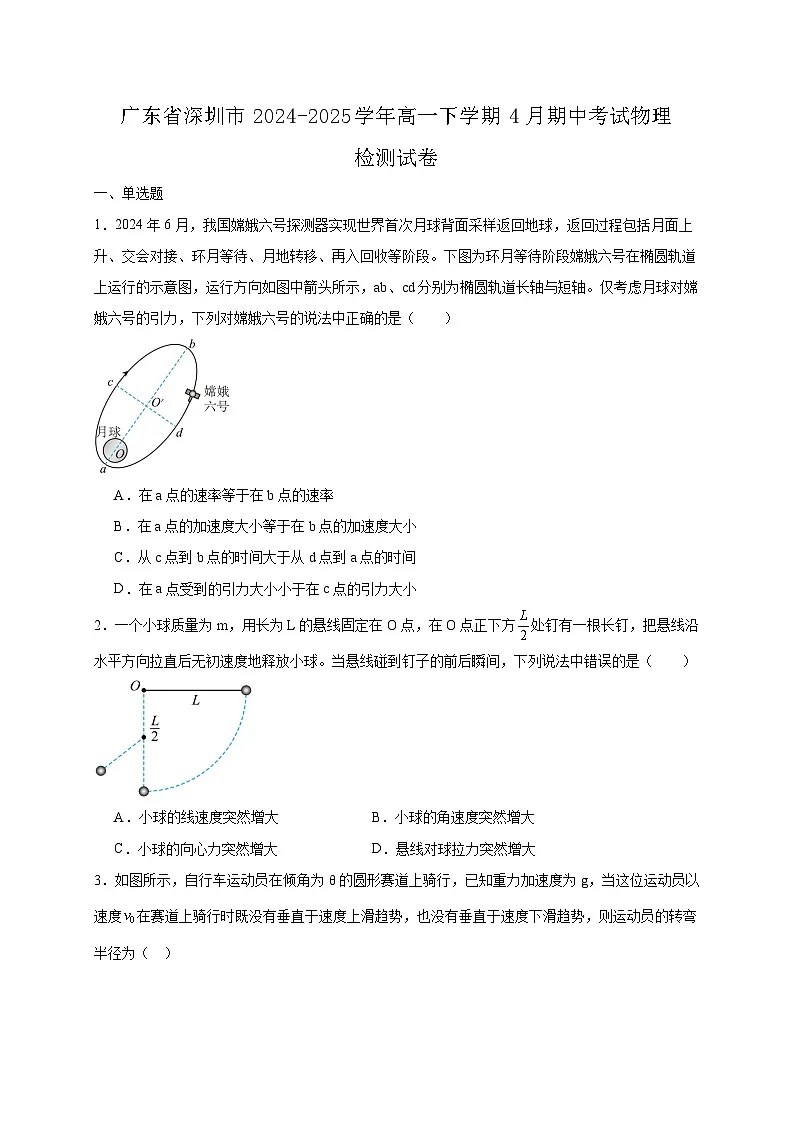 广东省深圳市2024-2025学年高一下学期4月期中考试物理检测试卷(含答案)第1页