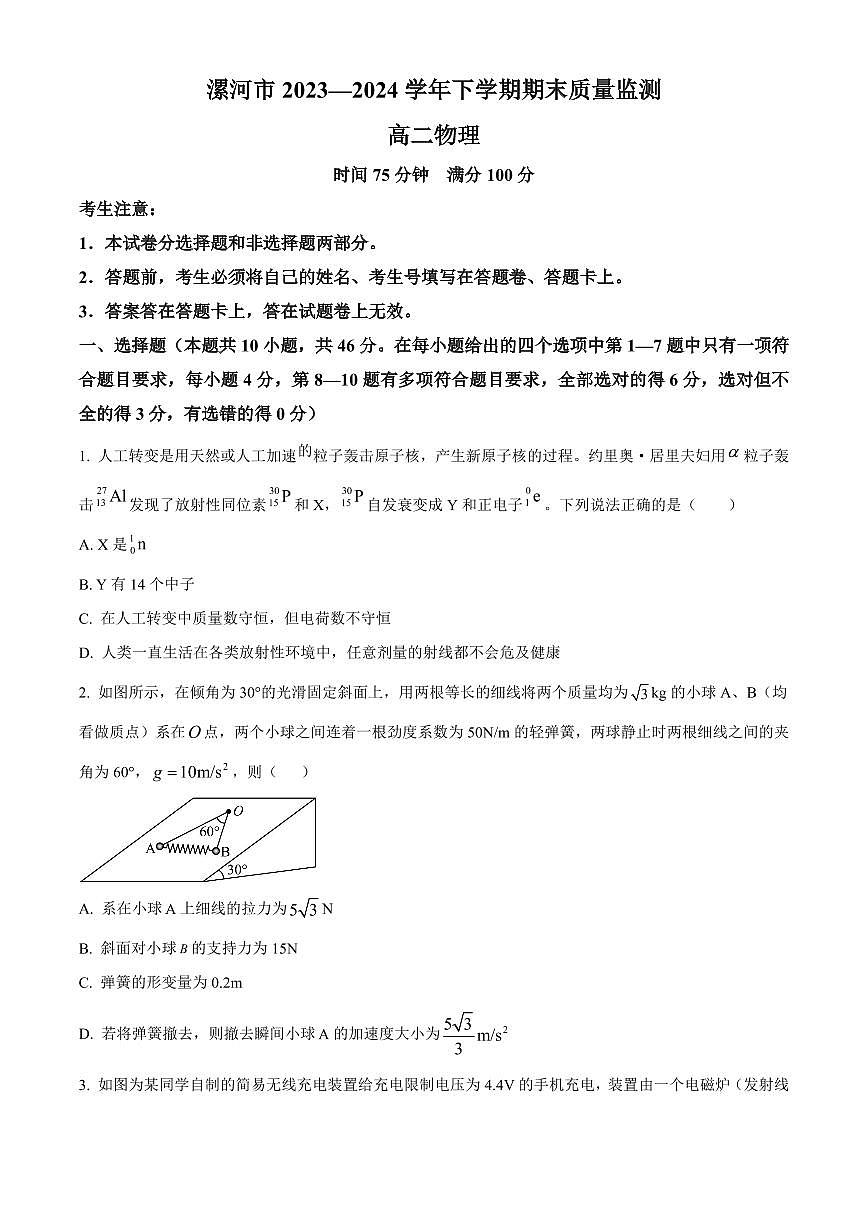 河南省漯河市2023-2024学年高二下学期期质量监测 物理试卷(含答案)第1页