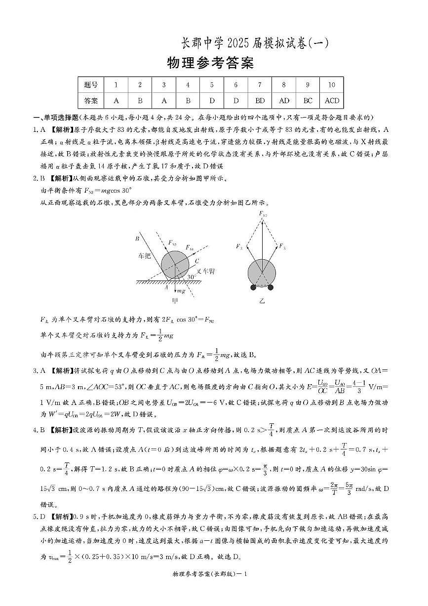 炎德·英才大联考长郡中学2025届模拟试卷(一)物理答案第1页