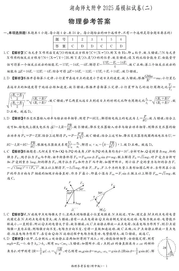 湖南师大附中2025届高考二模物理试卷答案第1页