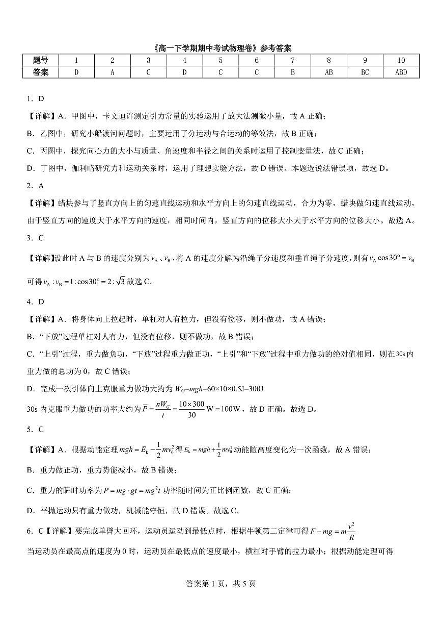 深圳盐田高级中学2024-2025学年高一下学期5月期中物理答案第1页
