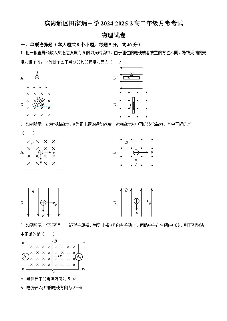 天津市滨海新区田家炳中学2024-2025学年高二下学期3月月考物理试题(原卷版+解析版)第1页