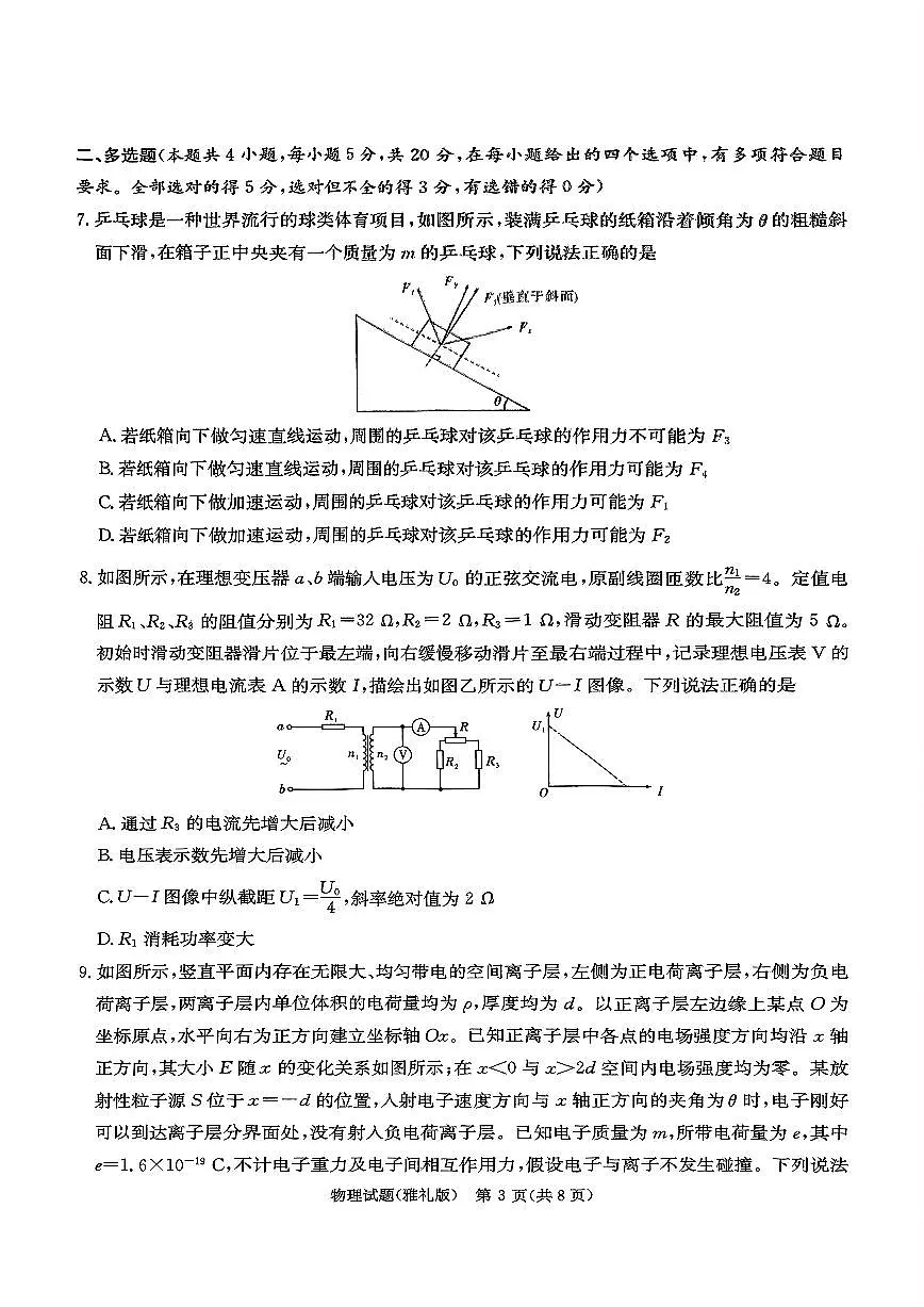 雅礼中学2025届高考一模物理试卷第3页