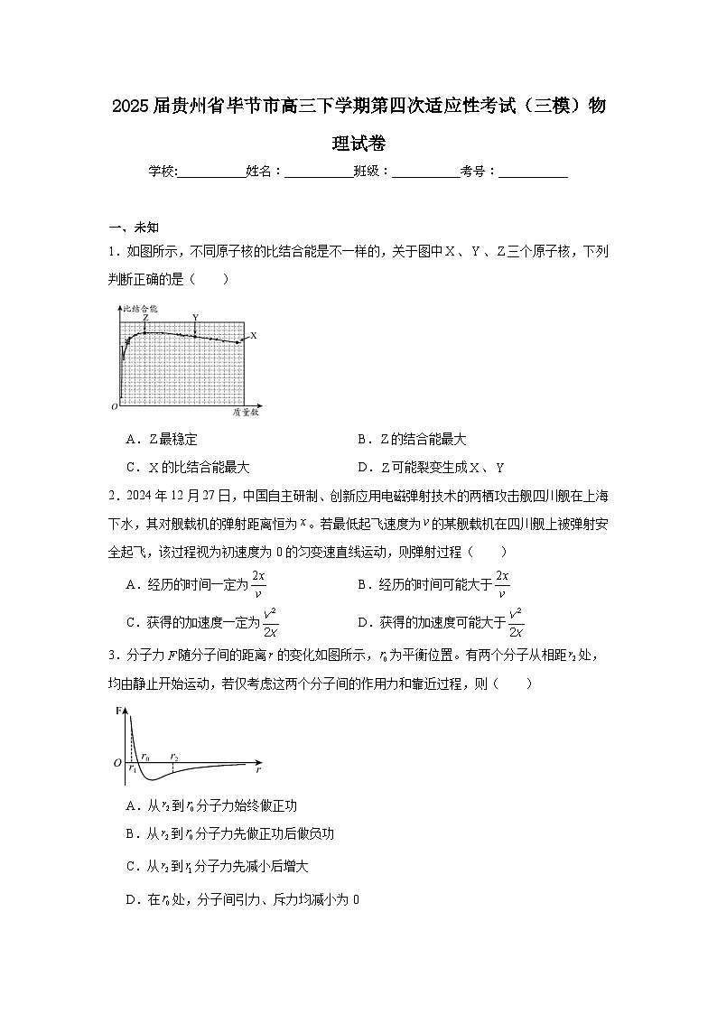 2025届贵州省毕节市高三下学期第四次适应性考试(三模)物理试卷(无答案)第1页