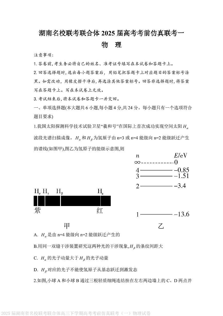 2025届湖南名校联考联合体高三下学期高考考前仿真联考(一)物理试卷(含答案)第1页