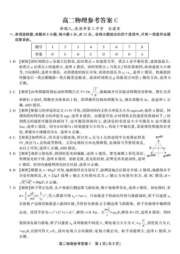 物理答案C·2025年5月高二阶段考第1页