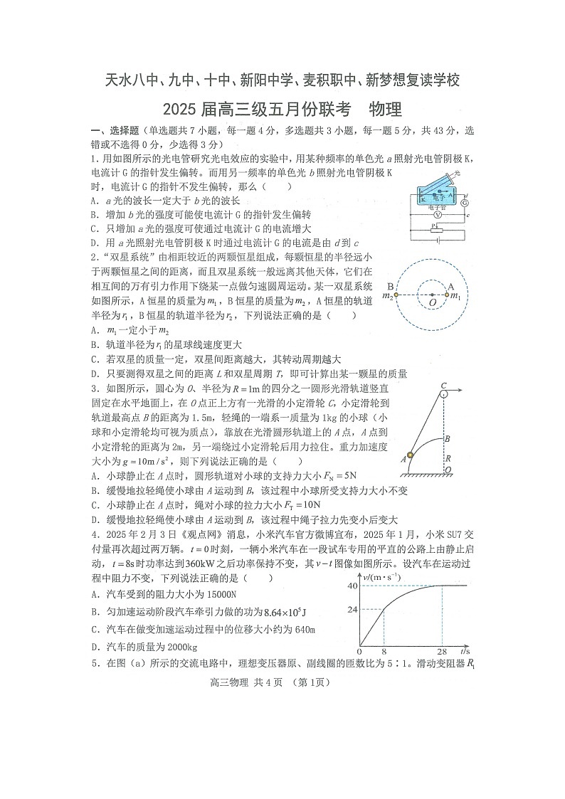 2025届甘肃省天水八中、九中、十中、新阳中学、等六校高三下学期5月联考(图片版)物理试卷第1页