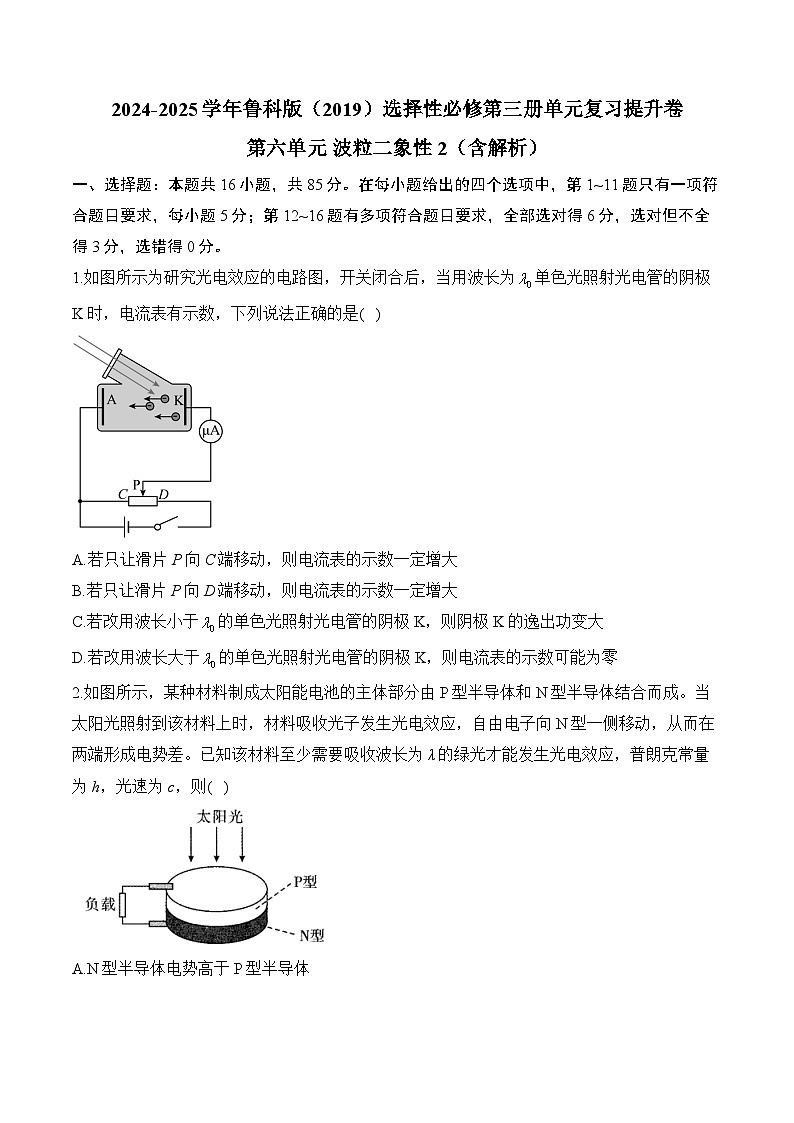 2024-2025學(xué)年魯科版（2019）選擇性必修第三冊(cè)單元復(fù)習(xí)提升卷 第六單元 波粒二象性（含解析）第1頁(yè)