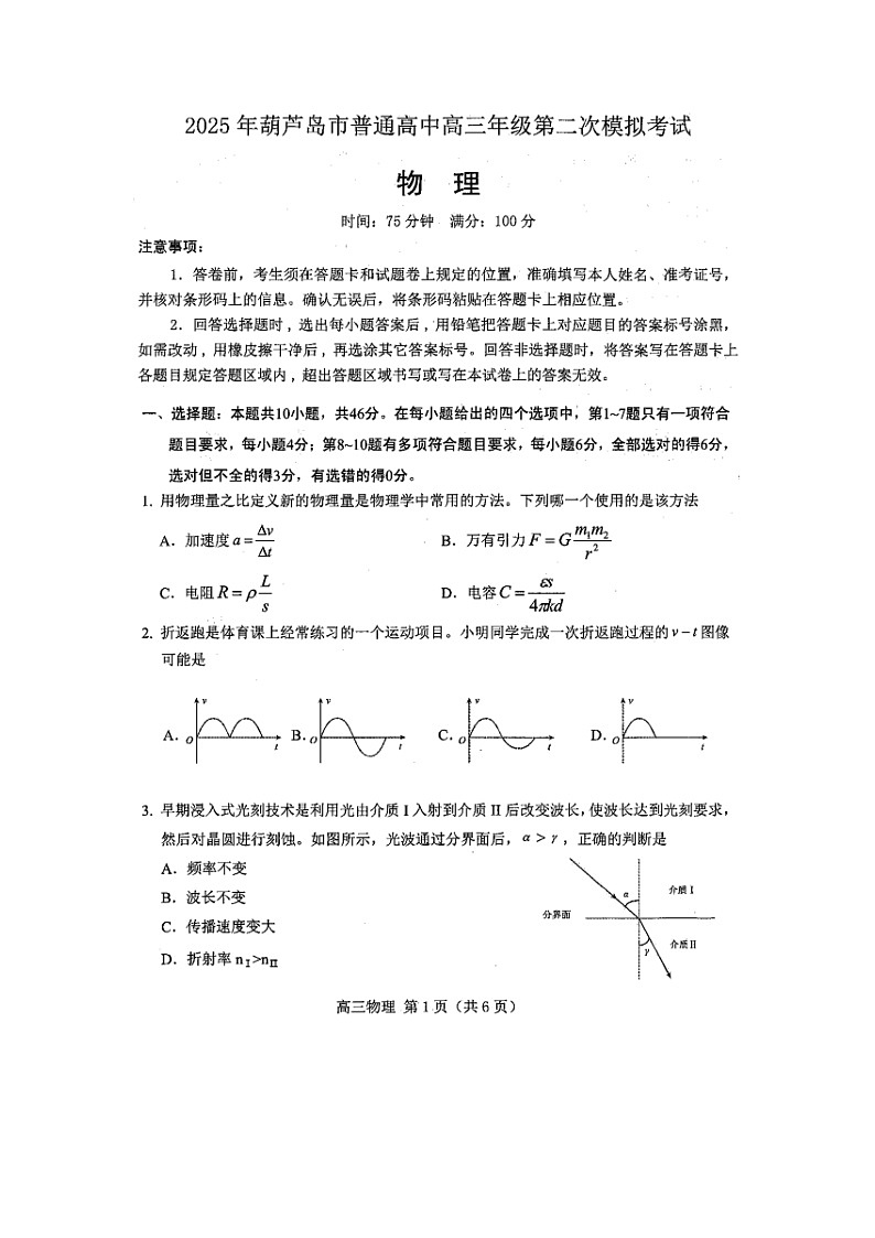 2025届辽宁省葫芦岛市高三下学期第二次模拟考试物理试卷第1页