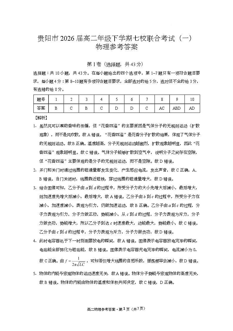 贵阳市2026届高二年级下学期七校联合考试(一)-物理 贵阳市2026届高二年级下学期七校联合考试(一)物理-答案第1页