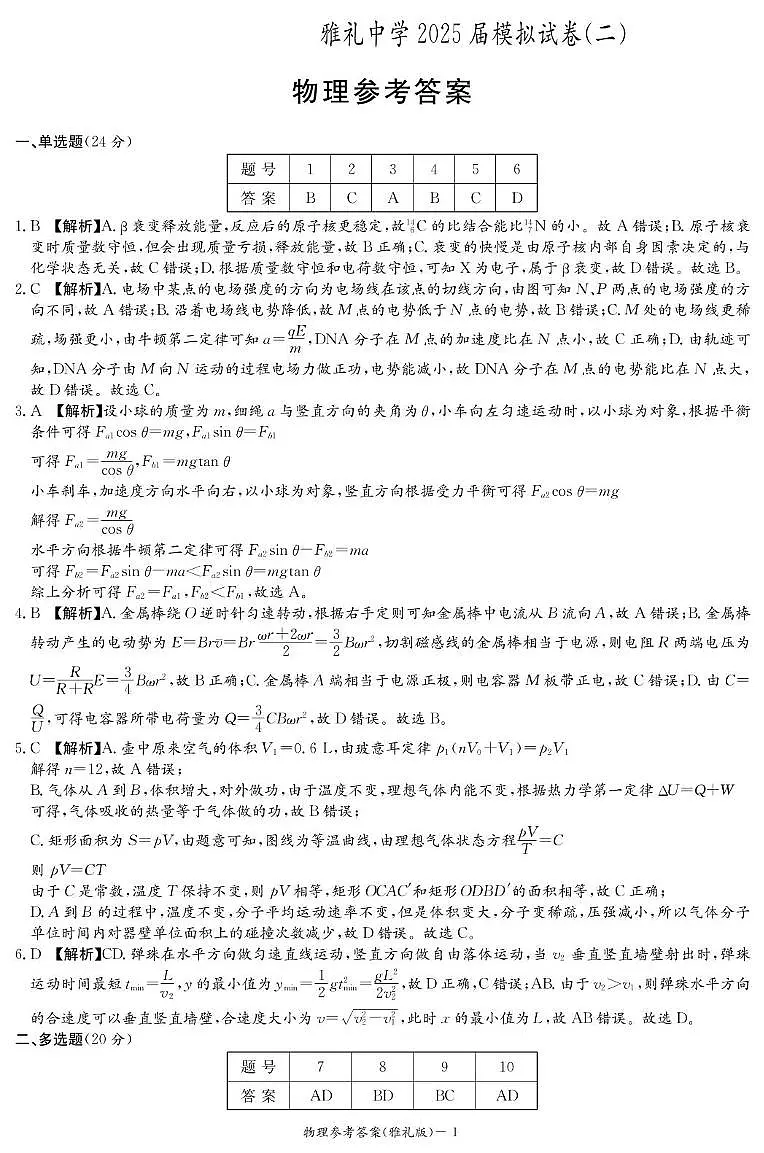 2025届长沙市雅礼中学高三下模拟试卷二物理试卷 24-25 雅礼高三10次2模答案第1页