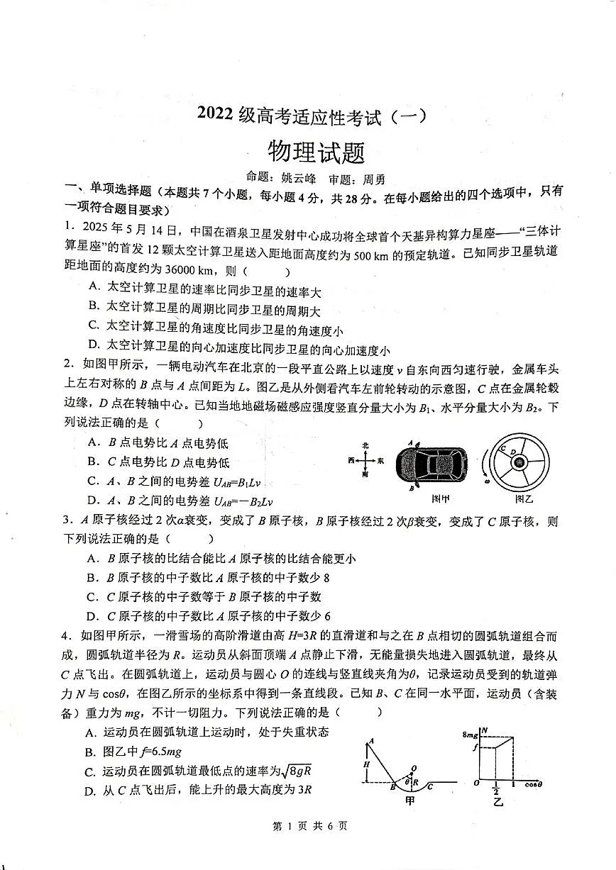 四川省绵阳中学2025届高三下学期高考适应性考试(一)物理 PDF版含答案第1页