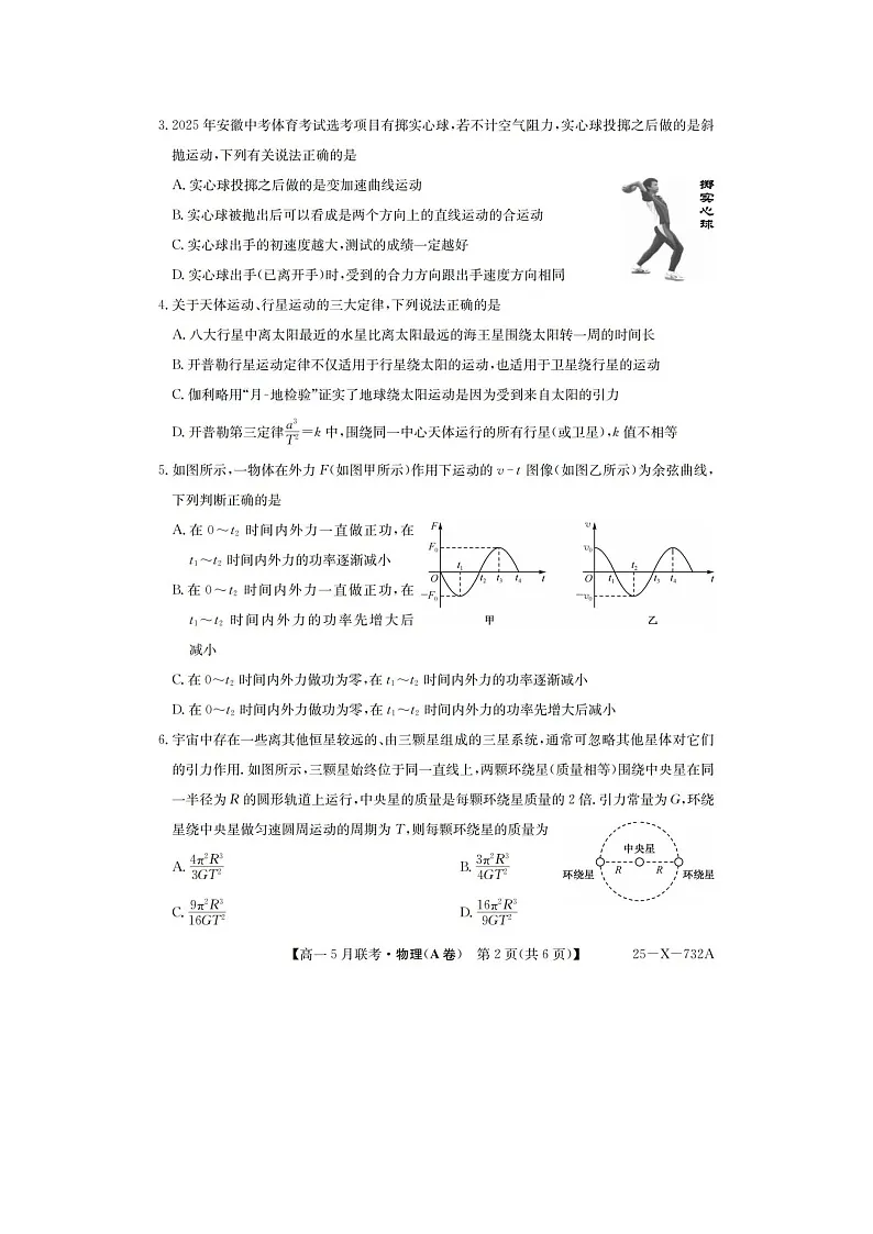 安徽省县中联盟2024-2025学年高一下期5月联考(25-X-732A)物理试卷含答案第2页