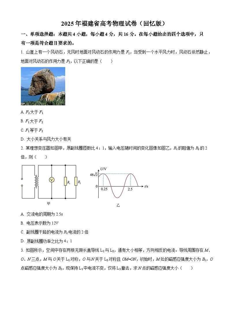 2025年高考真題——物理（福建卷） Word版無答案第1頁