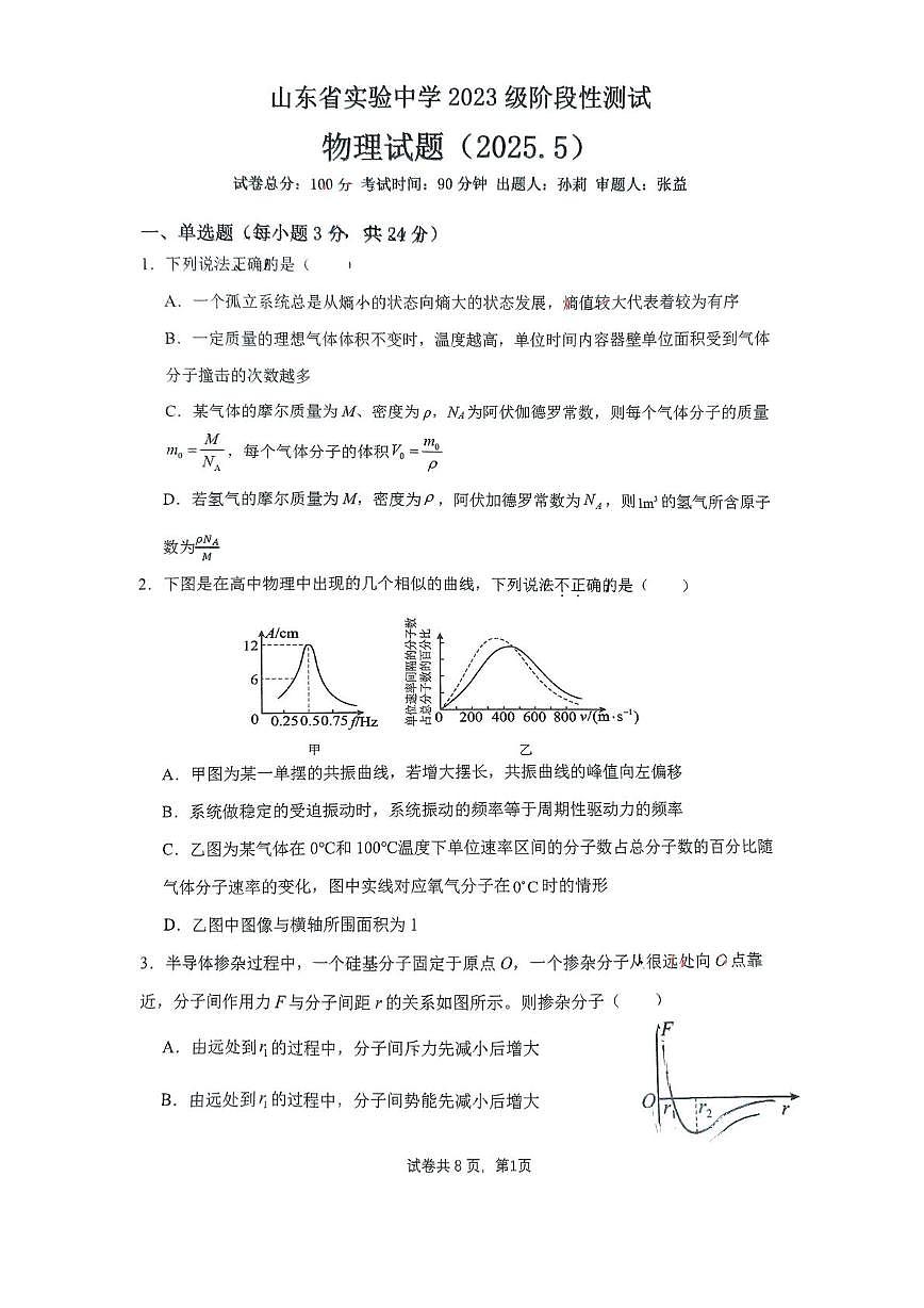山东省实验中学2024-2025学年高二下学期5月月考物理试题第1页