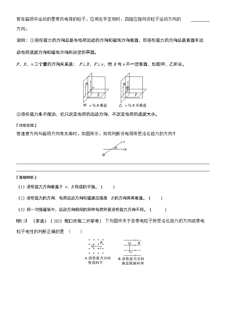 2024-2025学年物理教科版(2019)选择性必修第二册 1.3洛伦兹力 学案第2页