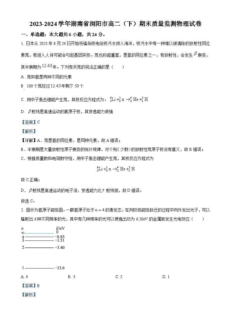 精品解析:湖南省浏阳市2023-2024学年高二下学期期末质量监测物理试卷(解析版)第1页