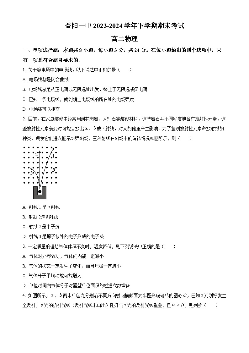 精品解析:湖南省益阳市第一中学2023-2024学年高二下学期期末考试物理试卷(原卷版)第1页